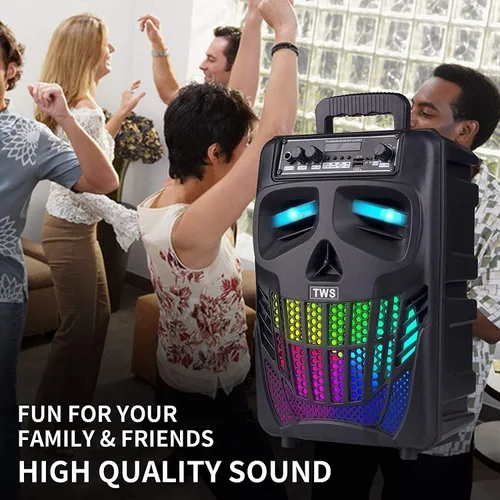 Vista 6 de Altavoz Bluetooth portátil con subwoofer, altavoces inalámbricos, gran soporte, radio FM, tarjeta TF, luces LED, reproductor de MP3, fiesta