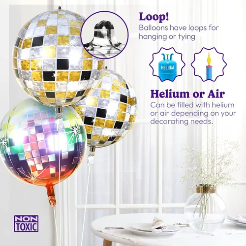 Vista 5 de HOUSE OF PARTY Globos de bola de discoteca 4D dorados y negros, 6 unidades, globos de aluminio de Mylar de 22 pulgadas para decoraciones de fiesta