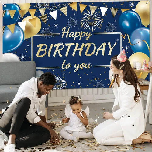 Vista 4 de Decoración de feliz cumpleaños telón de fondo para fotos para niños y niñas 1 telón de fondo de feliz cumpleaños, 1 rollo de cinta con globos