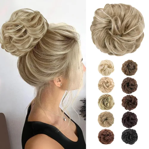 Vista 38 de MORICA Moño desordenado, extensiones de moño sintético para mujeres (rubio beige ceniza)