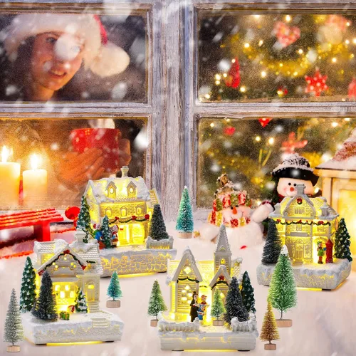 Vista 6 de Tuanse Juego de 15 piezas de accesorios de pueblo de Navidad, 4 casas de pueblo iluminadas con LED, 10 árboles esmerilados de 3.5 onzas, nieve falsa