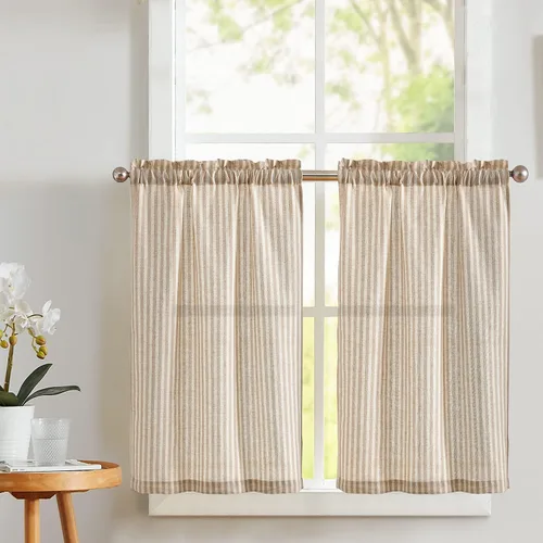 Vista 18 de Cortinas de cocina estilo granja a rayas Vangao de 24 pulgadas de largo, cortinas de lino para café, cortinas de nivel con rayas, cortinas Boxter