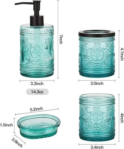 Vista 7 de Juego de 5 accesorios de baño de vidrio azul verde azulado y cesta de basura con patrón decorativo prensado, incluye dispensador de jabón de mano