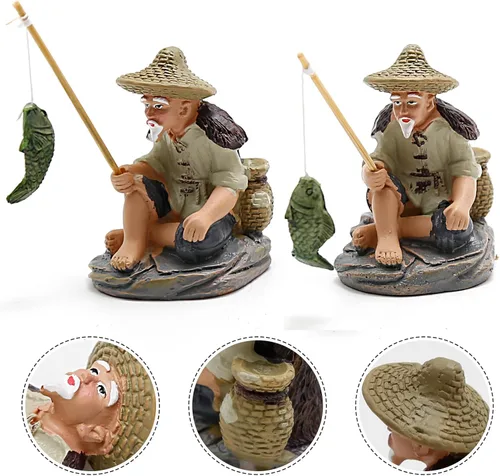 Vista 4 de 4 mini figuras de pescador, mini estatua de pescador para acuario, decoración zen asiática, figura de bonsái de pescador de resina en miniatura