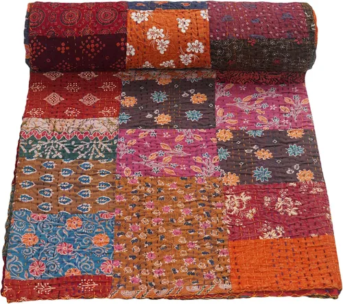 Vista 15 de Marubhumi Colchas hechas a mano tradicional de algodón puro con estampado de cachemira Kantha, funda de cama reversible con estampado de cachemira