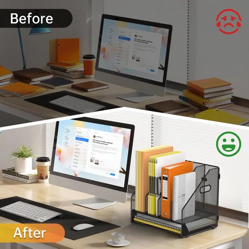 Vista 2 de Docnest Organizador de archivos de escritorio, 4 compartimentos verticales con bandeja de cartas, soporte de archivos de malla con asa
