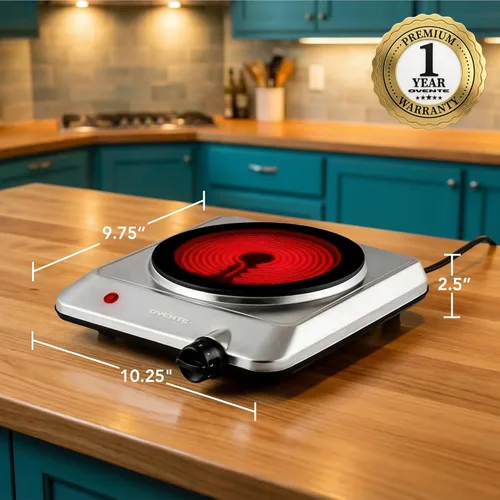 Vista 8 de OVENTE Quemador individual infrarrojo para encimera, placa eléctrica de 1000 W con placa de cocina de vidrio cerámico de 7.5 pulgadas, ajuste