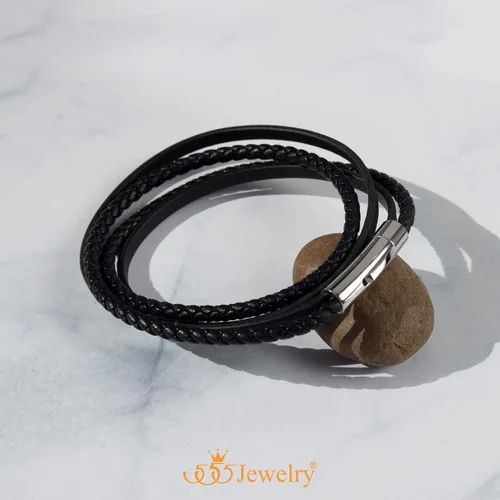 Vista 3 de 555Jewelry - Pulsera magnética de acero inoxidable con capas de cordón de cuero trenzado