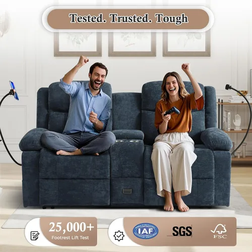 Vista 5 de Sofá reclinable de dos plazas con consola, color azul Manual Recliner Loveseat with Phone Holders, Storage Drawer, Cup Holders, Side Pockets, Dual