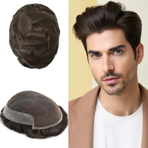 Vista 30 de Mens Toupee Remy Human Hair System For Men Bleached Knot Toupee Hair Piece For Men French Lace Toupee For Men Hairpiece 8X10#17 Dark Ash Blonde 90%