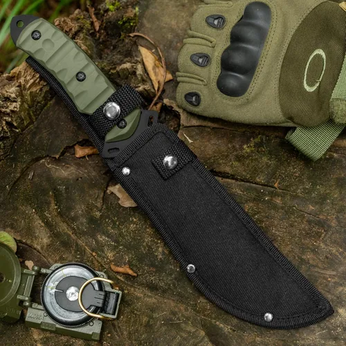 Vista 6 de Dispatch Cuchillo de caza de supervivencia con funda, cuchillo táctico Bowie de hoja fija de espiga completa de 13.5 pulgadas con parte trasera