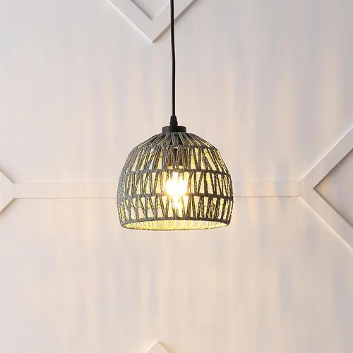Vista 2 de JONATHAN Y Lámpara colgante LED de cuerda tejida bohemia moderna gris de 8.25 pulgadas, lámpara de techo de cúpula ajustable para isla de cocina