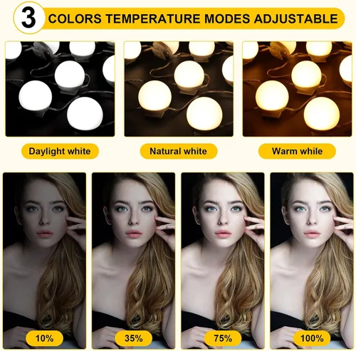 Vista 4 de Tuanse Juego de 2 luces LED de tocador, 28 bombillas regulables con 3 modos de color, luz de espejo de maquillaje enchufable con color y brillo