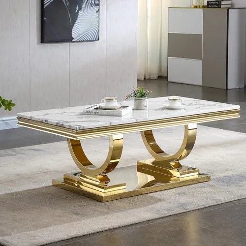 Vista 35 de Mesa de centro de 47 pulgadas de mármol negro con base en forma de U de acero inoxidable espejado, mesa central de parte superior rectangular