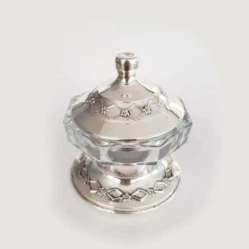 Vista 2 de Plato de miel de plata esterlina y vidrio para Rosh Hashanah cubiertos tradicionales judaica judaica regalo de vacaciones azucarero vajilla vintage