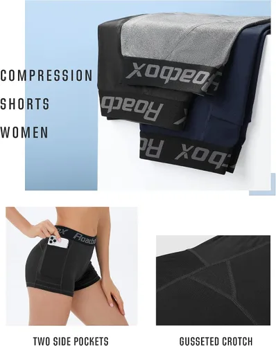 Vista 4 de Roadbox Pantalones cortos de compresión de elastano para mujer, pantalones cortos de voleibol de 3"5" con bolsillosin bolsillo, secado rápido