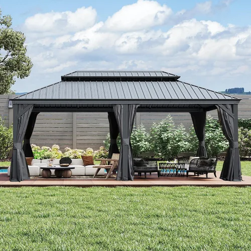 Vista 41 de Domi - Cenador de techo rígido de 8 x 8 pies con malla y cortinas, cenador para exteriores con techo doble de acero galvanizado para patio, césped