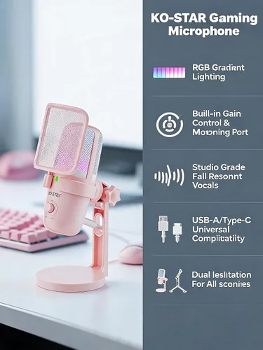 Vista 3 de Micrófono condensador USB rosa para juegos, micrófono de PC con 2 patrones de pastilla, luz RGB, toque para silenciar, 96 KHz/24 bits para Rosa