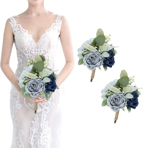 Vista 27 de Ramo de dama de honor artificial para boda, ramo de flores de seda prefabricadas de 7 pulgadas, ramo de flores pequeñas para dama de honor