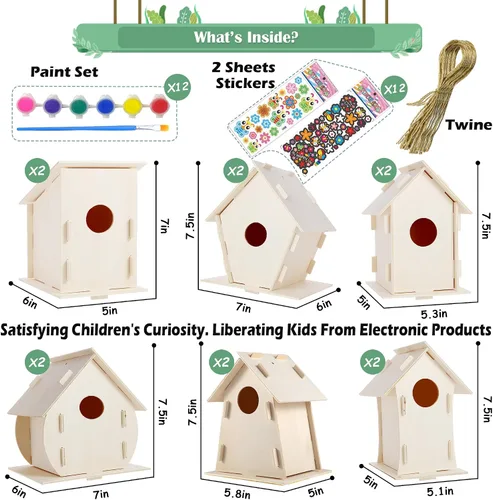 Vista 3 de ILHSTY Paquete de 6 casas de pájaros grandes de bricolaje para niños, manualidades para niños, casas de madera para manualidades, fiestas de clase