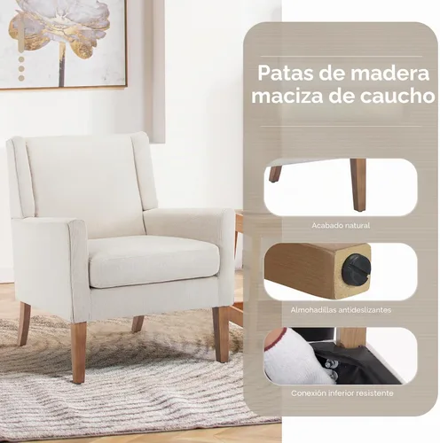 Vista 4 de COLAMY Silla moderna de ala para sala de estar, sillón tapizado de tela, sofá individual con asiento de salón y patas de madera para Beige