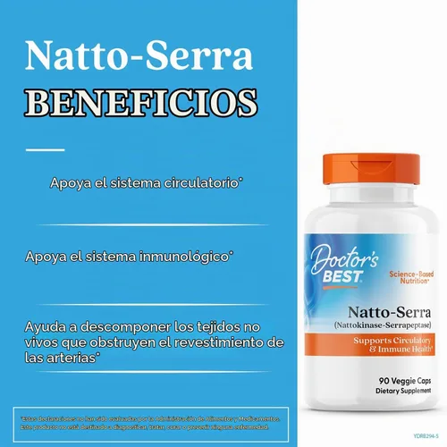 Vista 2 de Doctors Best Natto-Serra, apoya la salud circulatoria e inmunológica, sin OMG, veganas 90 cápsulas vegetarianas
