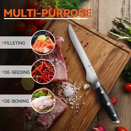 Vista 7 de TUO Black Hawk - Cuchillo de filete de 6 pulgadas para recortar grasa de carne, desollado de ciervos, mango de espiga completa, acero alemán de alto