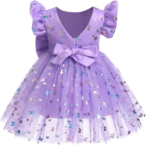 Vista 3 de IDOPIP Vestido tutú de mariposa con lentejuelas para bebé, niña de las flores, primera comunión, boda, fiesta de cumpleaños, vestido con lazo