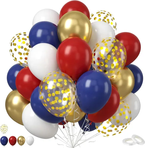 Vista 12 de Globos de látex rosa intenso, azul, morado, 50 globos de látex de 12 pulgadas con confeti metálicos para niños, temática mágica, cumpleaños, baby