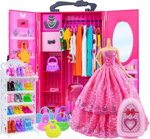 Vista 6 de Ecore Fun Armario de Guardarropa de Muñeca de Moda para Almacenamiento de Ropa y Accesorios de Muñecas - Lote de 102 Artículos que Incluyen Ropa