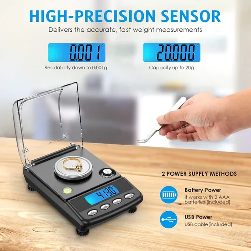 Vista 2 de AMIR Báscula digital de miligramo de 0.71 oz/0.00 oz, báscula electrónica de precisión con 6 unidades, USB y alimentada por batería, tara, pesas