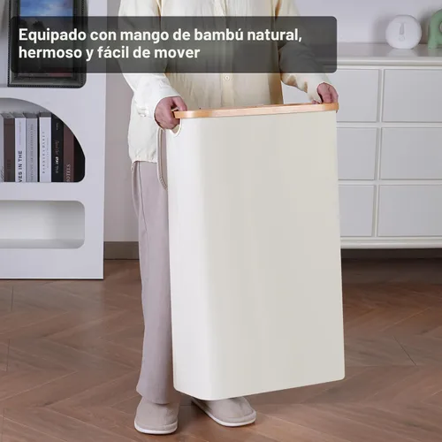 Vista 6 de Cesta de lavandería delgada, cesta estrecha con tapa, cesta de 60 litros para lavandería, cesta de tela sucia con mango de bambú para juguetes, Beige