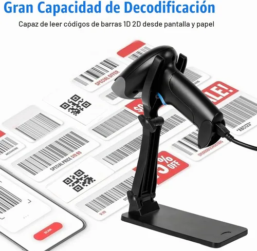 Vista 3 de Escáner QR del código 2D con el soporte, escáner inalámbrico del código de barras para la tienda de la biblioteca
