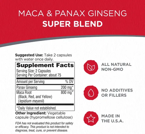 Vista 2 de Cápsulas de raíz de maca + Panax Ginseng coreano - Extracto concentrado negro + raíz de maca roja + amarillo, cápsulas de Panax Ginseng 150