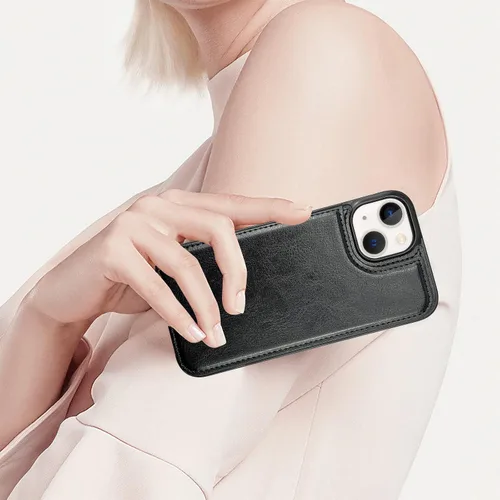 Vista 6 de Funda tipo cartera para iPhone 13 y 14 con soporte para tarjetas, funda trasera de piel sintética, con ranuras para tarjetas, doble cierre