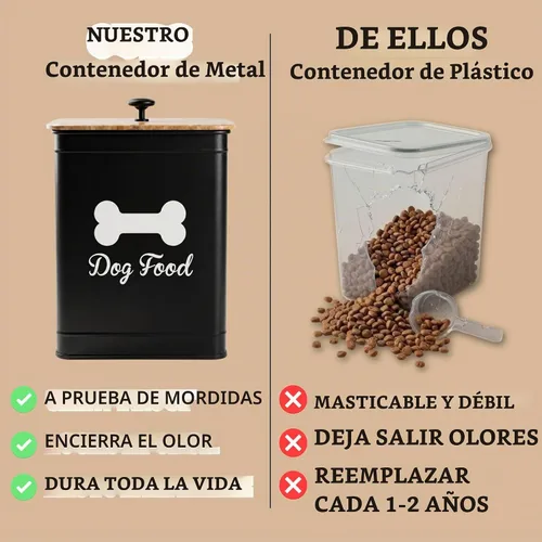 Vista 5 de Contenedor de comida de metal para perros de 5 a 7 libras, 25 tazas con tapa de bambú hermética, mango de metal Negro: Hueso