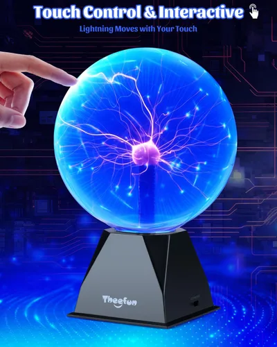 Vista 3 de Theefun Bola de plasma azul: globo de plasma enorme de 8 pulgadas, regalos de cumpleaños, lámpara de bola de plasma sensible al tacto y al sonido