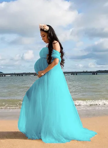 Vista 6 de ZIUMUDY Vestido largo de sesión de fotos de tul con hombros descubiertos para maternidad, manga caída, vestido de tul transparente