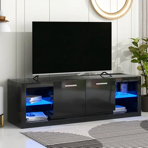 Vista 2 de Soporte de TV versátil de alto brillo con luces LED que cambian de color y 2 estantes de vidrio templado, centro de entretenimiento para televisores