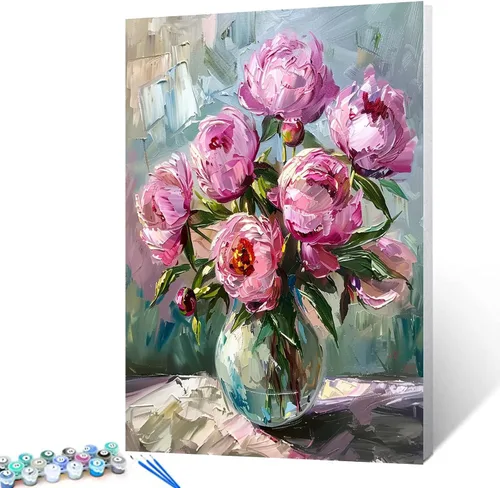 Vista 10 de Pintura de bricolaje por números Flores rosadas - Kit de pintura para adultos estilo vintage sobre lienzo