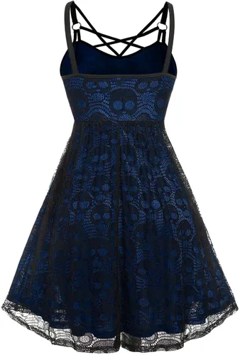 Vista 4 de Vestido de Halloween para mujer 2022, a la moda, con estampado de calavera, sexy, gótico, halter, sin mangas