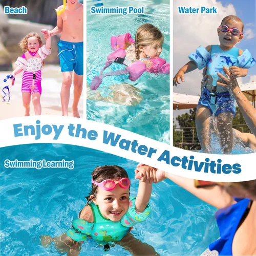 Vista 5 de HeySplash Chaleco de natación para niños pequeños, flotadores de piscina con correa ajustable G-verde