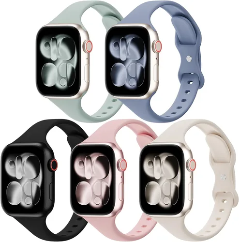 Vista 15 de Paquete de 5 bandas de silicona delgadas compatibles con Apple Watch de 38mm 42mm 40mm 44mm 41mm 45mm 46mm 49mm, correa deportiva estrecha y delgada