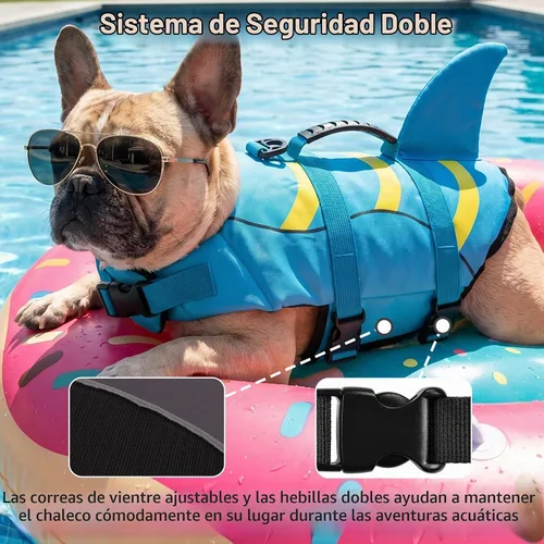 Vista 2 de Chaleco salvavidas para perros de Fragralley Shark, chaleco salvavidas ajustable para perros con aleta de tiburón, adecuado para perros pequeños