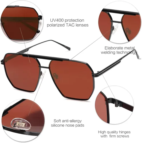 Vista 4 de SOJOS Gafas de sol polarizadas cuadradas de gran tamaño retro para mujeres y hombres, tonos vintage, UV400, lentes de sol clásicos grandes de metal
