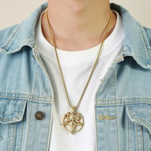 Vista 5 de TempBeau Collar con colgante de pentagrama satánico Baphomet Cadena de eslabones de pentáculo invertida hecha a mano, iglesia satanista, punk