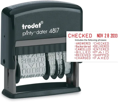 Vista 9 de Trodat Printy 4817 Economy Dial-A-Phrase, 12 mensajes populares de oficina, mes en letras, día y año en números, sello de fecha de goma – Negro