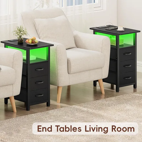 Vista 7 de Vagusicc Mesita de noche negra con estación de carga y luces LED, mesa auxiliar estrecha, mesita de noche LED con 3 cajones de tela para dormitorio