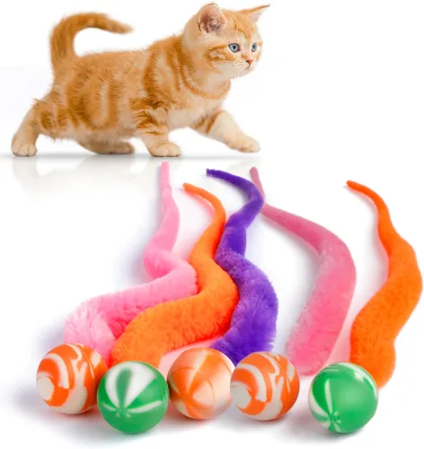 Vista 6 de Pelota hinchable con cola para gatos, 5 paquetes de gusano mágico grande con bola fluorescente de juguete para gatos, colorido gusano mullido