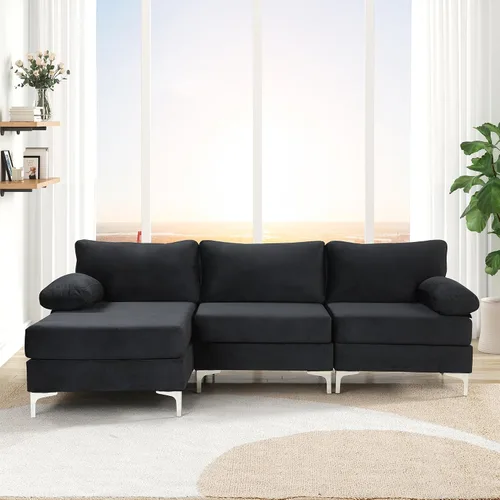 Vista 34 de Sofá modular moderno en forma de L, con diván extra ancho y patas doradas Gris